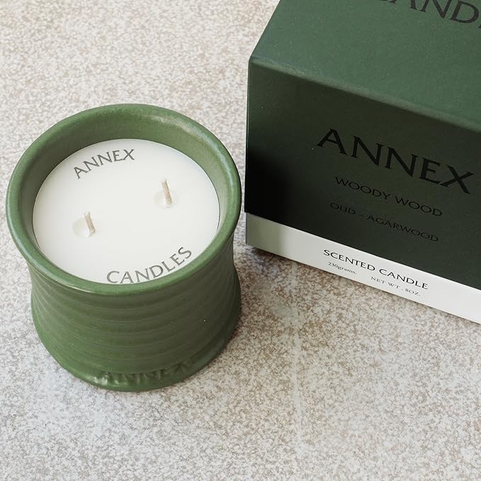 Scented Luxury Candles in Handmade Ceramic Jars, Soy Wax | Woody Wood – Oud & Agarwood, Large Candle | Non Toxic, 2 Wicks, Reusable Big Olive Green Jar | Natural Spring Aromatherapy for Women & Men