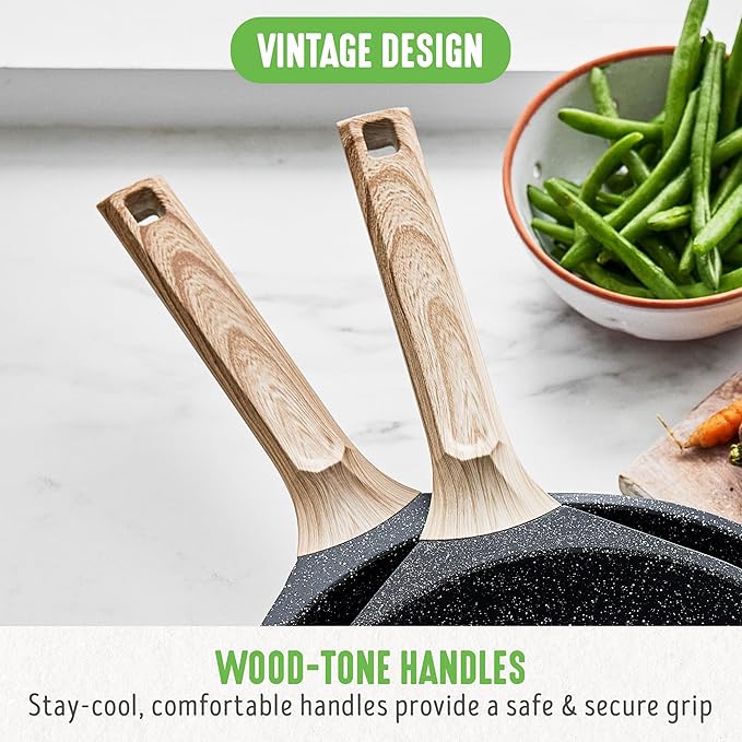 GreenLife Nonstick 2 Piece Frying Pan Set, 9.5" & 11" Skillets Ceramic PFAS-Free Nontoxic, Induction Suitable, Wood Print Handles, Stay-Cool Handles, Deep Cooking Skillets, Egg Pan, Granite Black