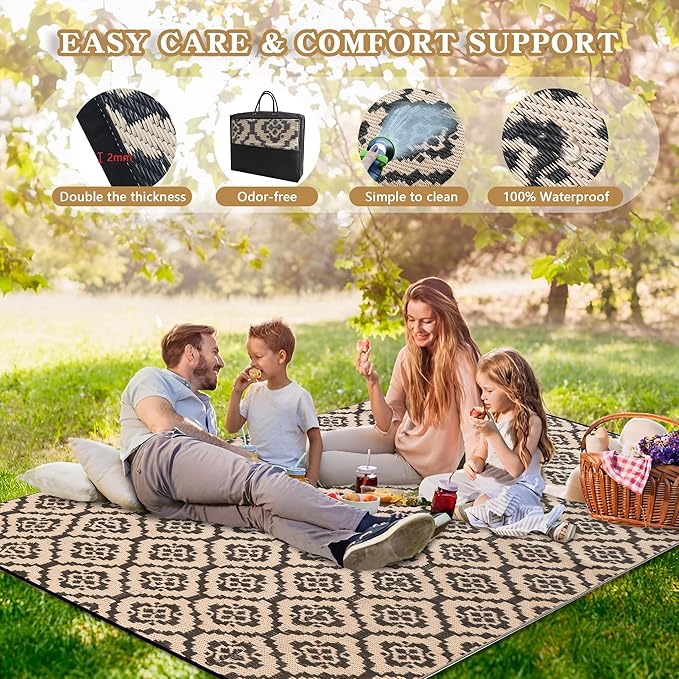 Wallona Outdoor Rugs 5x8 ft Patio Waterproof Clearance Indoor Outdoor Carpet for Patio Plastic Straw Reversible Area Rugs Mat for RV, Camping, Balcony, Beach, Picnic, Porch, Brick Black & Beige