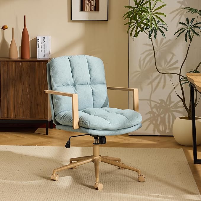 VINGLI Comfy Linen Office Desk Chair With Wheels &Detachable Cushions& Wood-like Armrests,Swivel Small Computer Task Chair,Adjustable for Girl Makeup Vanity,Teen/Kids Study,Nail Tech,Sewing,Teel Green