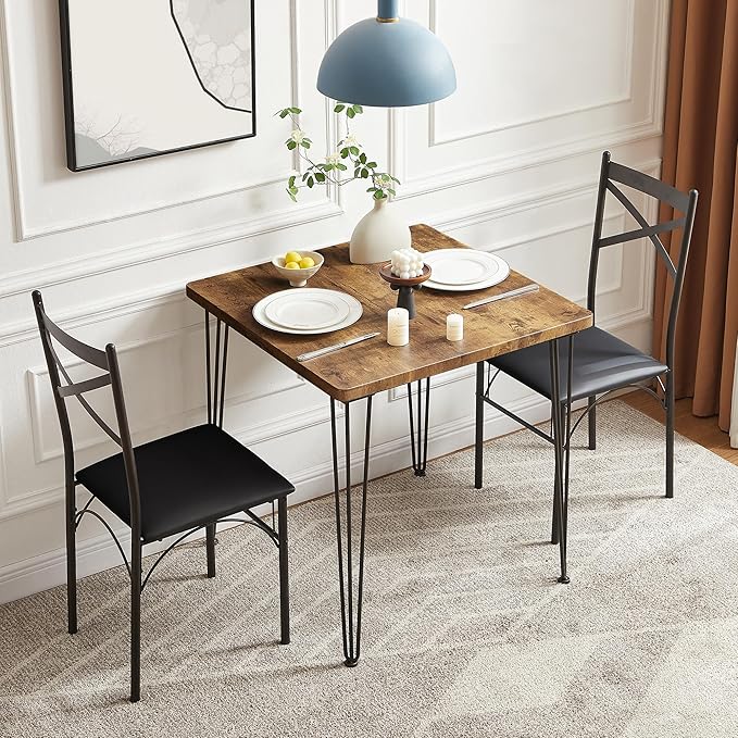 VECELO Kitchen Dining Room Table Set with 2 Chairs for Small Space, Apartment,Metal Steel Frame