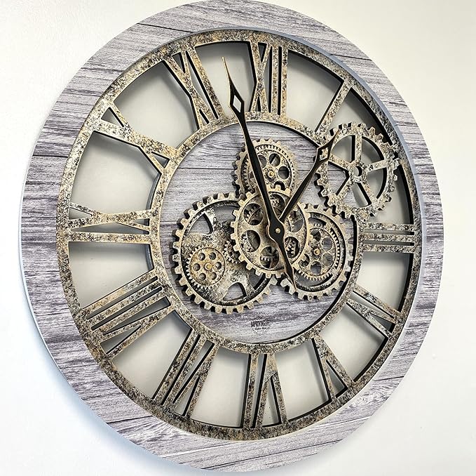 The Gears Clock The Original Real Moving Gear Wall Clock Vintage Industrial Oversized Rustic Farmhouse (24 inch (60cm),Silver Grey)