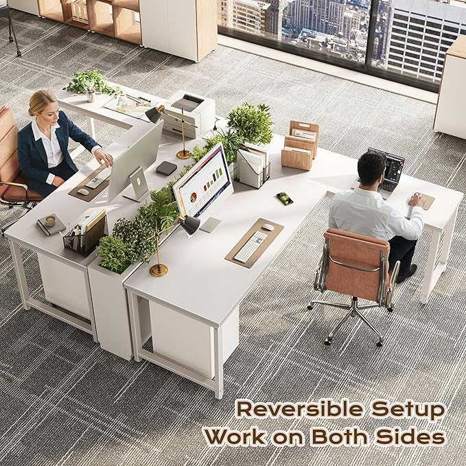 Huuger 63 Inch L Shaped Desk with Power Outlets and USB-C Port, Reversible Computer, Larger Office Corner Gaming Desk, 0.95 Inch Thicker Desktop, Metal Frame, for Home Office, Study, White