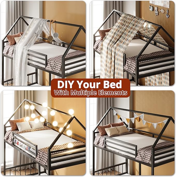 LIKIMIO Bunk Bed Twin XL Over Twin XL, Metal Bunk Bed Frame with Ladder and Guardrail, House Shaped with Metal Slats for Dormitory and Bedroom, Space Saving, No Box Spring Needed, Black