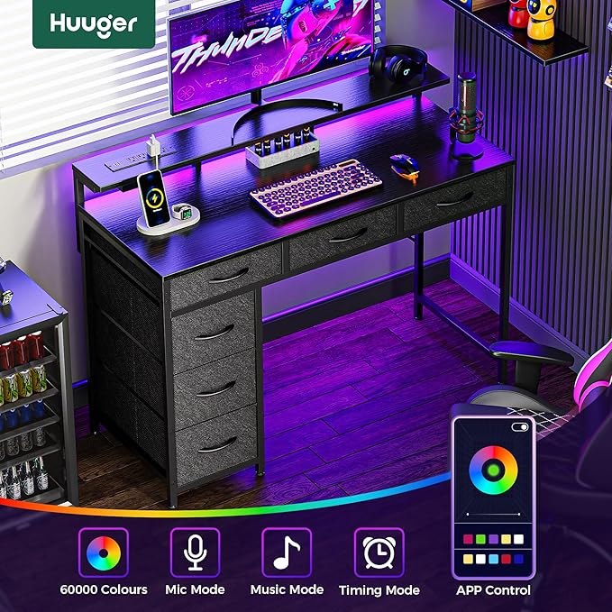 Huuger Gaming Desk with 6 Drawers, Computer Desk with LED Lights Power Outlets and Type-C, 39 Inch Office Desk with Storage, Monitor Stand, Writing Desk Work Desk Home Office, Bedroom, Study, Black