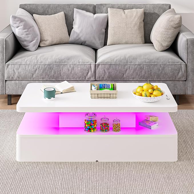 MXV Modern Coffee Table, 47 Inches Coffee Tables with 16 Colors LED Lights, 2 Tier Rectangular Center Table, Large Storage Space, High Glossy Wooden Tea Table for Living Room, Bedroom, Office, White