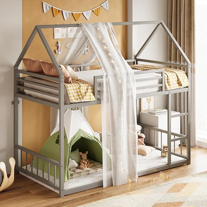 LIKIMIO Bunk Bed Twin Over Twin, House Bunk Bed Frame with Ladder and Guardrail, House Shaped with Metal Slats for Dormitory and Bedroom, Space Saving, No Box Spring Needed, Grey