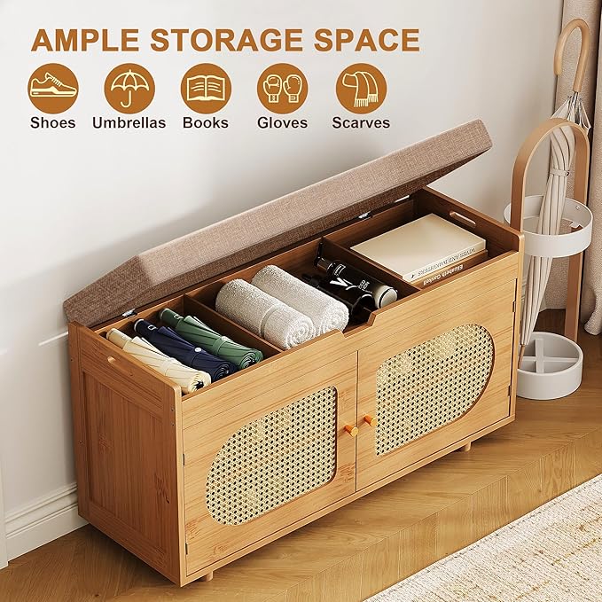 Rattan Shoe Storage Bench,Bamboo Entryway Bench, 2-Tier Shoe Rack,35.4" W x 12.6" D x 19.7" H with 2 Doors & Padded Seat Cushion for Entryway, Living Room, Bedroom, Natural