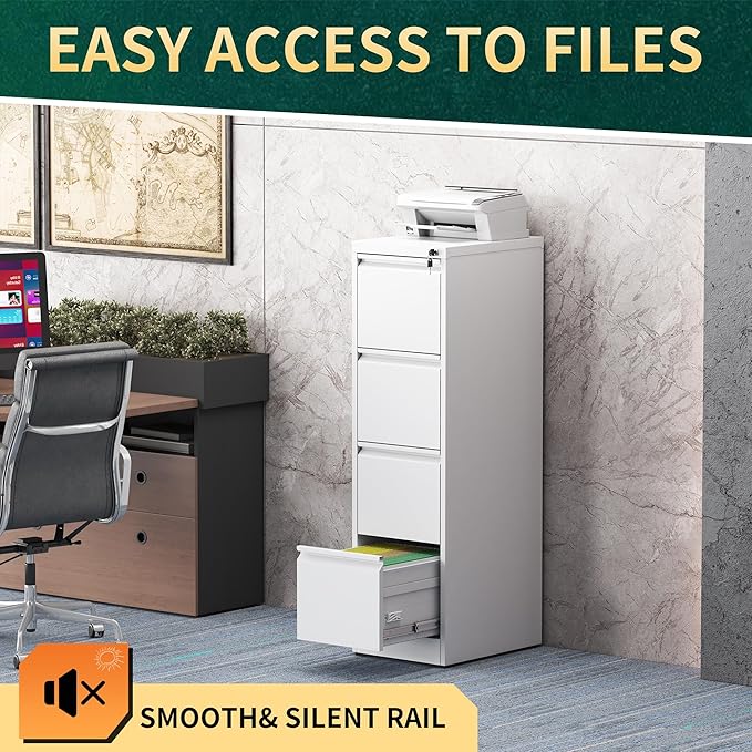 4 Drawer File Cabinet with Lock, Steel Vertical Filing Storage Cabinet for Home Office, Heavy-Duty File Cabinets for Letters/Legal/A4 (Require Assembly, White)