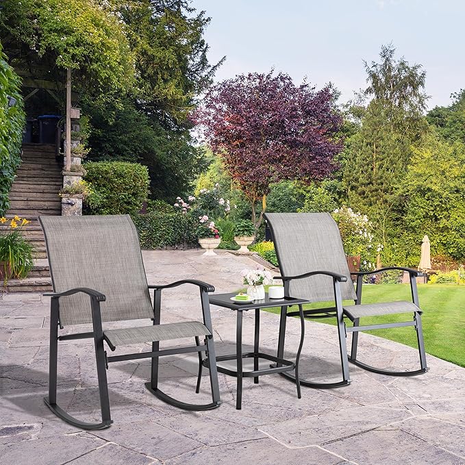Shintenchi 3 Piece Rocking Bistro Set, Outdoor Furniture with Rocker Chairs and Glass Coffee Table Set of 3, Balcony, Porch Furniture for Small Space, Gray