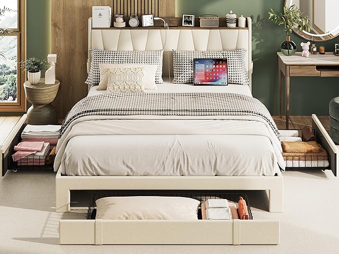 ANCTOR Queen Bed Frame with 3 Drawers, Upholstered Platform Bed with Storage Headboard and Charging Station, No Box Spring Needed, Easy Assembly, Beige
