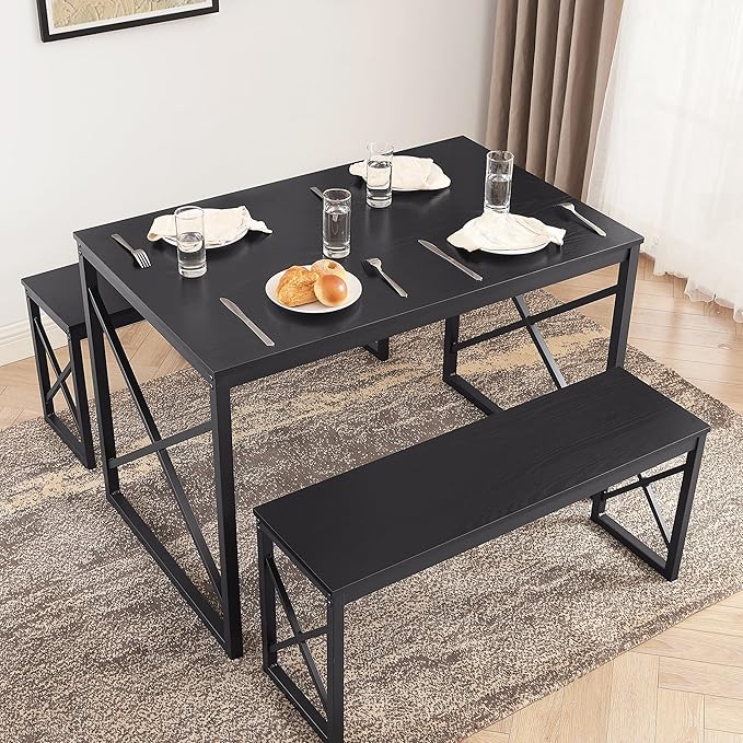 VECELO Kitchen Table with 2 Benches for 4, Wood Dining Room Dinette Sets with Metal Frame for Breakfast Nook and Small Space, Black