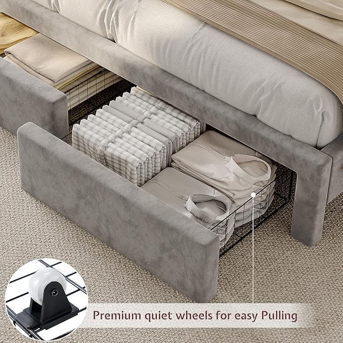 Jocisland Full Bed Frame with 51" Tall & Thick Adjustable Headboard, Storage Drawers, RGB LED Lights, No Box Spring Needed, Velvet Upholstered, Grey