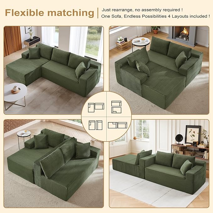 105''Sectional Cloud Couch with L Shaped Chaise,Modern Modular Sectional Sofa,Comfy Sectional Couches for Living Room,Bedroom,Apartment (Green, Left Facing Chaise)