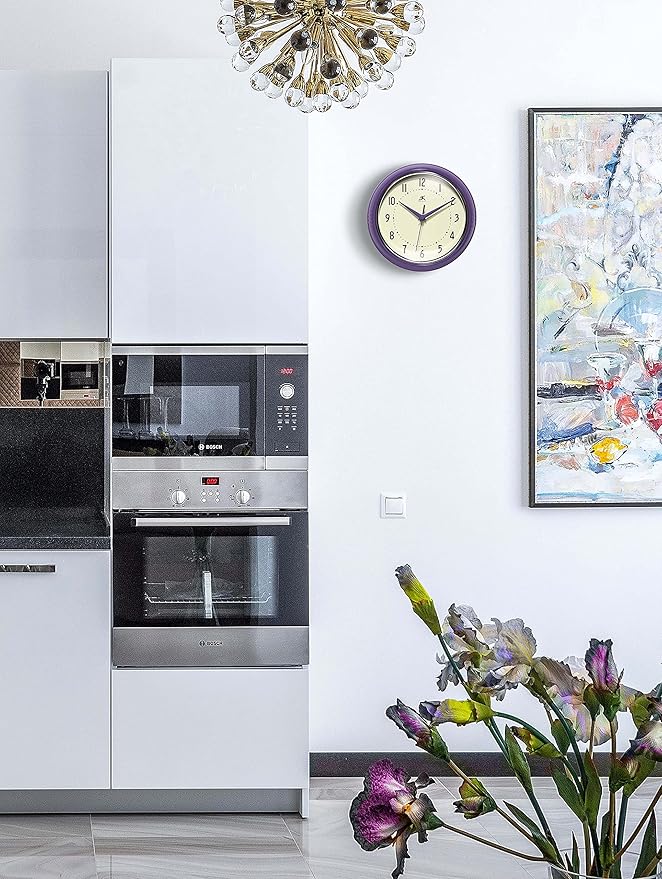 Infinity Instruments LTD. Retro 9 inch Silent Sweep Non-Ticking Mid Century Modern Kitchen Diner Wall Clock Quartz Movement Retro Wall Clock Decorative (Purple)…