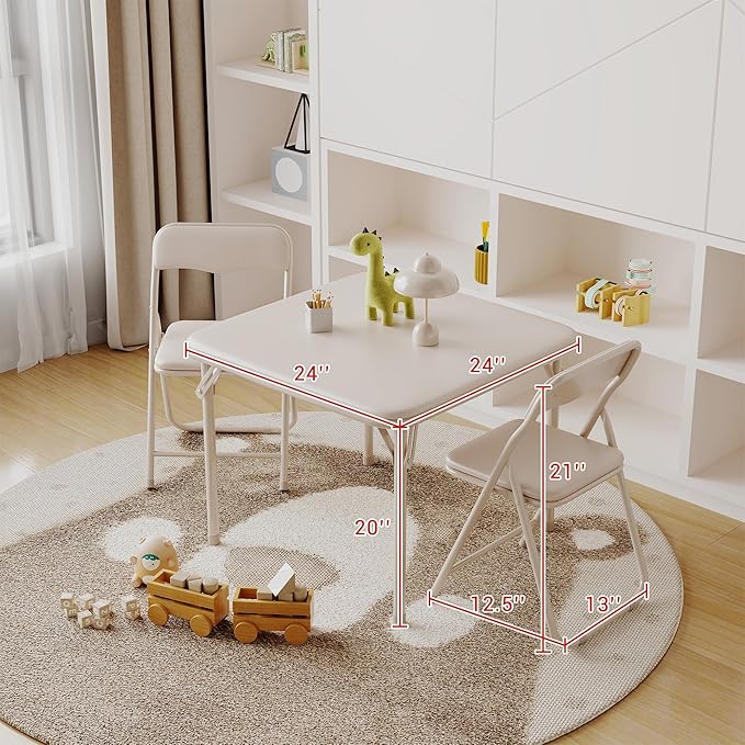 GarveeHome Boys and Girls Folding Table and Chair Set of 3, Featuring a Portable Table and Chairs with Soft Pu Cushions. No Assembly is Required, Perfect for Eating, Reading and Playing,Beige.