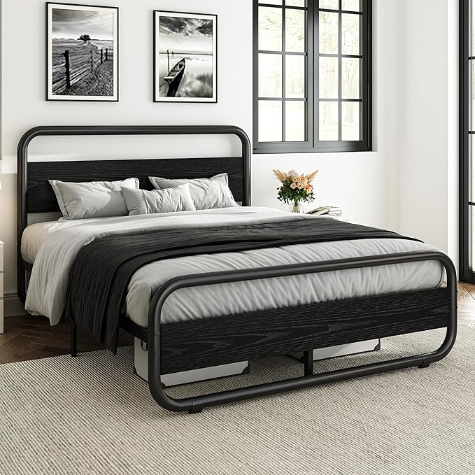 Catrimown Queen Bed Frame with Headboard LED Bed Frame Queen Size Heavy Duty Metal Rustic Bed Frame Queen Size Wood Platform Bed Frame Under Bed Storage Noise Free No Box Spring Needed (Black, Queen)