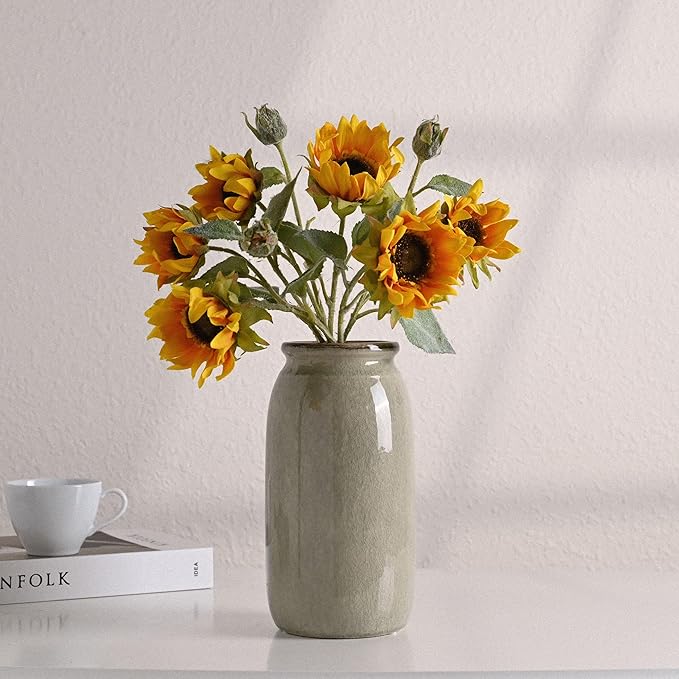 VICTOR & TERESA Rustic Large Green Vase for Home Decor, 10'' Tall Ceramic Vases for Flowers, Farmhouse Decorative Vases for Pampas Grass, Table, Mantel, Living Room, Centerpieces