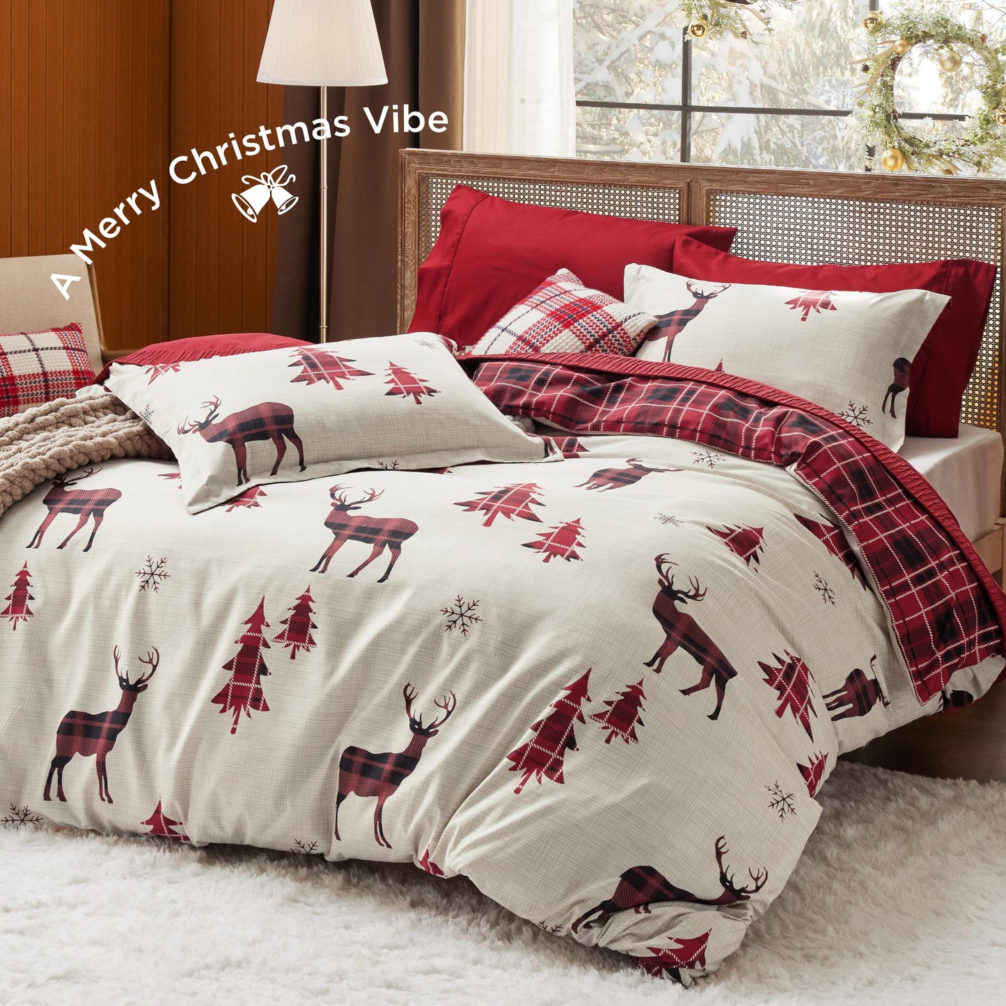 Bedsure Christmas Duvet Cover Queen - Christmas Bedding Set, Reversible Buffalo Check Printed Plaid Duvet Cover, 3 Pieces Bedding Set with 2 Pillow Shams (Queen, Reindeer)