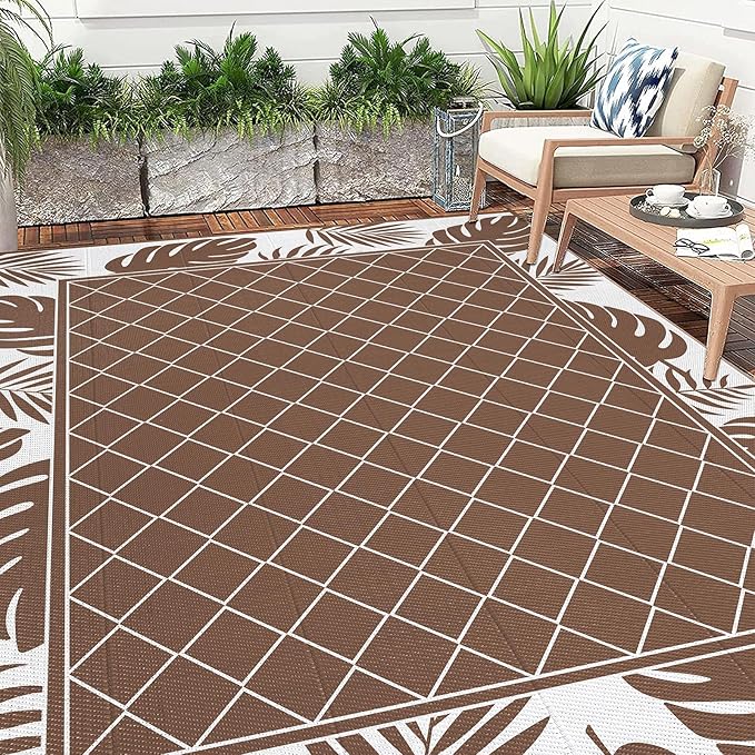 Ileading Outdoor Rug Carpet for Patio 9'x12' Waterproof Reversible Plastic Straw Rug Portable Outside Area Rug Camping Mat for Patio, Clearance, Balcony, Picnic, Pool, Beach, RV, Deck, Brown