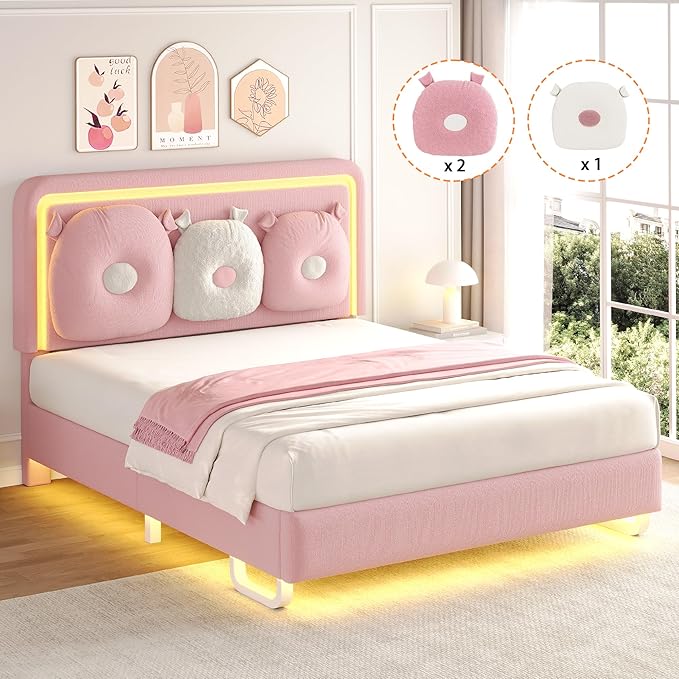 Full Size Upholstered Bed Frame with LED Lights, Girls Bed with Adjustable Chic Double Headboard, Boucle Princess Platform Bed for Girls, Solid Wood Slats Support, No Box Spring Needed, Pink