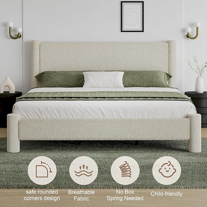 King Size Soft Bed Frame, Boucle Bed Frame with Headborad, Upholstered Platform Bed Frame with Rounded Corners, No Box Spring Required, Easy Assembly, Cream