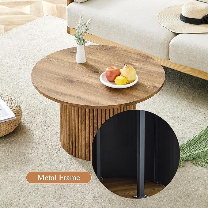 WILLIAMSPACE 27.5" Round Coffee Table with Ylindrical Leg, Modern Farmhouse Wood Circlar Center Table Accent Side End Table for Living Room Apartment, Natural