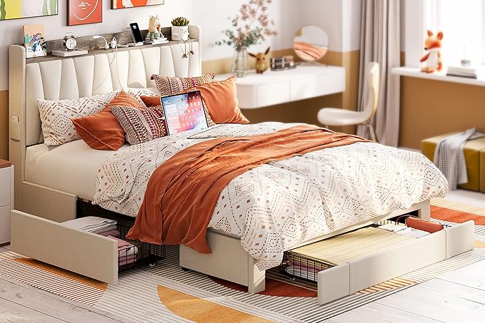ANCTOR Full Size Bed Frame with 3 Drawers, Upholstered Platform Bed with Storage Headboard and Charging Station, No Box Spring Needed, Easy Assembly, Beige