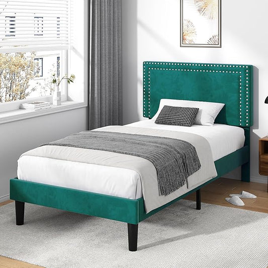 VECELO Twin Size Platform Bed Frame with Height Adjustable Upholstered Headboard, Modern Mattress Foundation,Strong Wood Slat Support, No Box Spring Needed, Easy Assembly