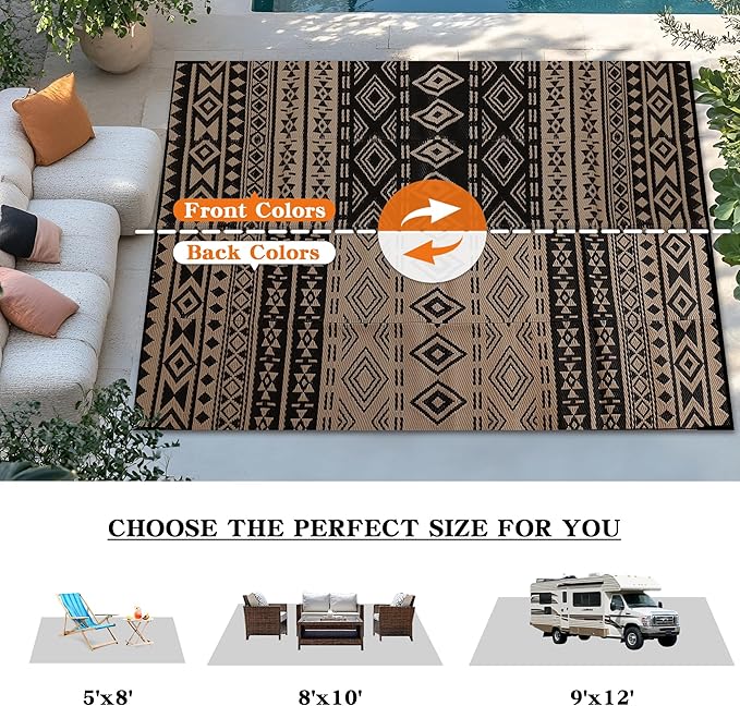 Wallona Outdoor Rugs 5x8 ft Patio Waterproof Clearance Indoor Outdoor Carpet for Patio Plastic Straw Reversible Area Rugs Mat for RV, Camping, Balcony, Beach, Picnic, Porch, Boho Black & Brown