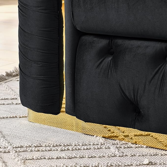 KEIKI 91" Luxury Oversized Velvet Chesterfield Sofa with Gold Stainless Steel Accents and 2 Pillows, Mid-Century Style 3-Seater Button Tufted Couch, Easy Assembly, for Apartment, Living Room, Black