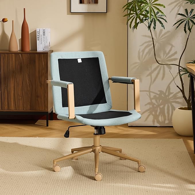 VINGLI Comfy Linen Office Desk Chair With Wheels &Detachable Cushions& Wood-like Armrests,Swivel Small Computer Task Chair,Adjustable for Girl Makeup Vanity,Teen/Kids Study,Nail Tech,Sewing,Teel Green