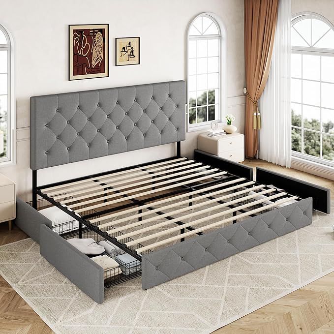 Allewie Upholstered King Size Platform Bed Frame with 4 Storage Drawers and Headboard, Diamond Stitched Button Tufted, Mattress Foundation with Wooden Slats Support, No Box Spring Needed, Light Grey