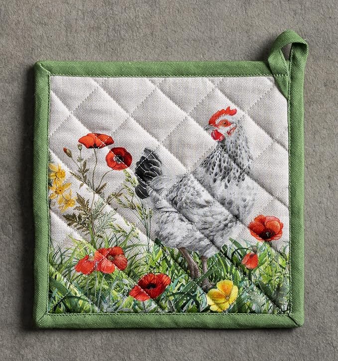 Maison d' Hermine Pot Holders 100% Cotton Heat Resistant Potholders 8" x 8" Hot Pads with Loop BBQ, Cooking, Baking, Grilling, Kitchen, Handling Hot Pans Spring/Summer (Pack of 1, Basse Cour)