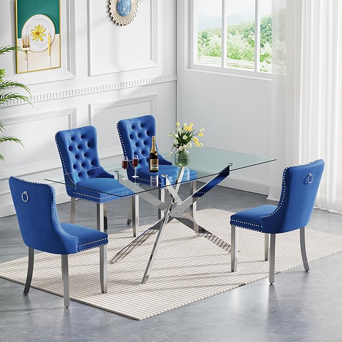 Goujxcy 7 Piece Glass Dining Table Set Modern Glass Dining Table Set for 6, 61" Rectangular Silver Kitchen Table and 6 Velvet Upholstered Chairs, Silver Table & Blue Chair
