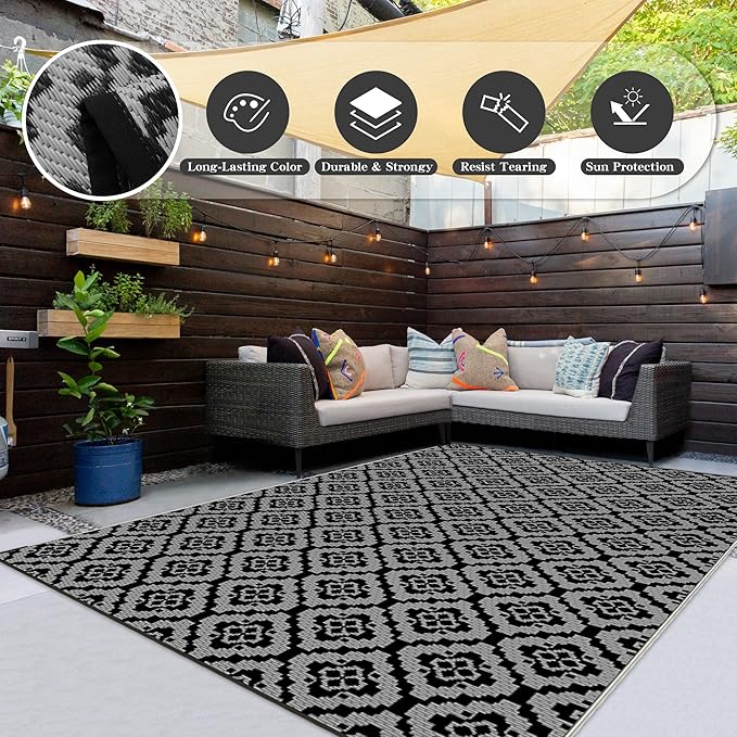 Wallona Outdoor Rugs 8x10 ft Patio Waterproof Clearance Indoor Outdoor Large Carpet for Patio Plastic Straw Reversible Area Rugs Mat for RV, Camping, Balcony, Beach, Picnic, Porch, Brick Black & Grey