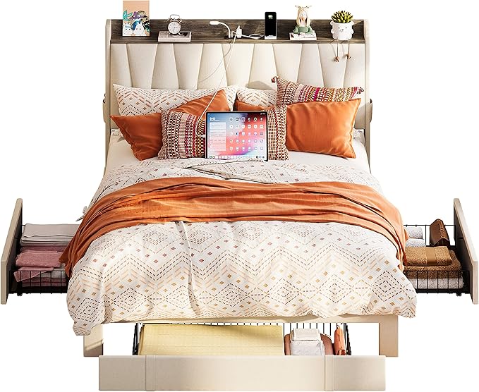 ANCTOR Full Size Bed Frame with 3 Drawers, Upholstered Platform Bed with Storage Headboard and Charging Station, No Box Spring Needed, Easy Assembly, Beige
