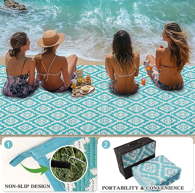 Wallona Outdoor Rugs 8x10 ft Patio Waterproof Clearance Indoor Outdoor Large Carpet for Patio Plastic Straw Reversible Area Rugs Mat for RV, Camping, Balcony, Beach, Picnic, Porch, Brick Green & White