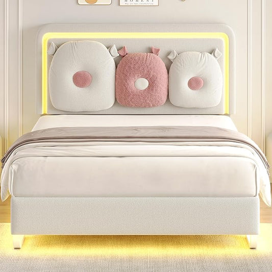 Full Size Upholstered Bed Frame with LED Lights, Girls Bed with Adjustable Chic Double Headboard, Boucle Princess Platform Bed for Girls, Solid Wood Slats Support, No Box Spring Needed, Beige
