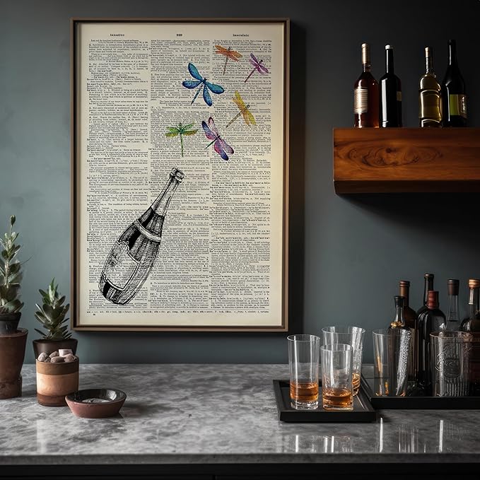 Poster Master Dictionary Art Poster - Champagne Bottle Print - Dragonfly Art - Alcohol Art - Gift for Men, Women & Bartender - Great Decor for Bar, Kitchen or Restaurant, 24x32 Unframed Wall Art