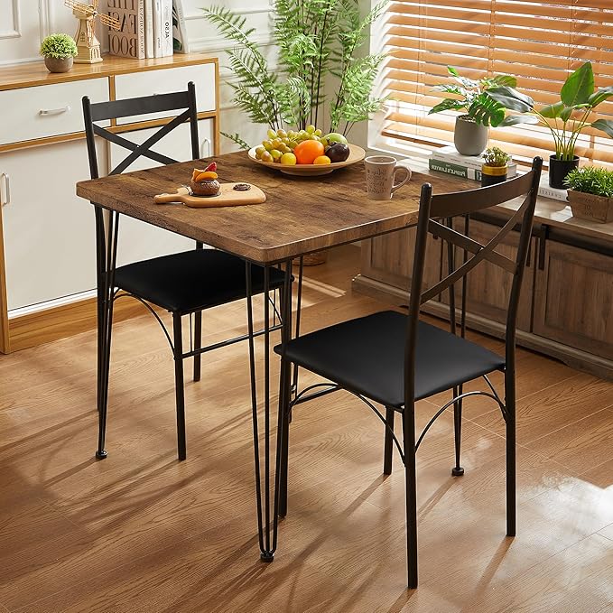 VECELO Kitchen Dining Room Table Set with 2 Chairs for Small Space, Apartment,Metal Steel Frame