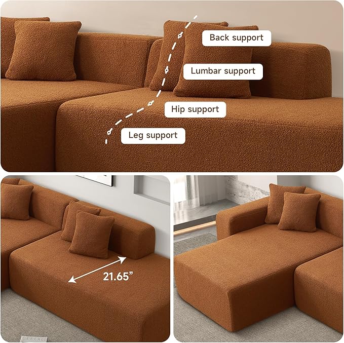 105'' Modular Sectional Couch, Modern L-Shape Sectional Sofa with Chaise Lounge, Comfy Lambswool Fabric Corner Sofa, Upholstered 4 Seater Couch for Living Room, Bedroom, Apartment, Orange