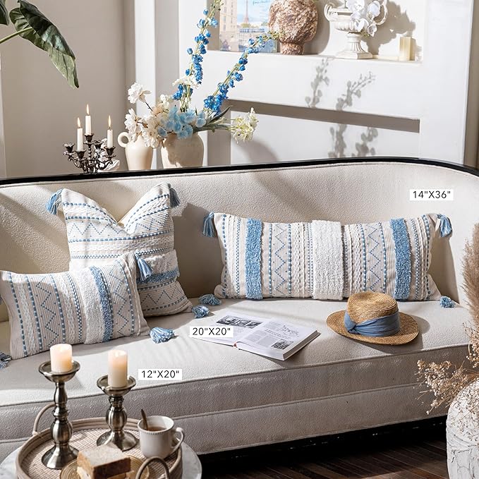 Blue Decorative Lumbar Throw Pillow Cover 14x36 Boho Long Cushion for Bed Neutral White Accent Farmhouse Pillowcase for Bedroom Living Room Couch Sofa Home Décor (Cover ONLY, Pack of 1)