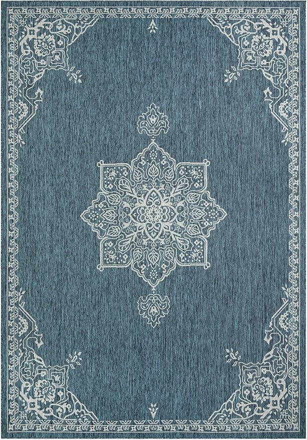 Unique Loom Outdoor Traditional Collection Area Rug - Antique (10' x 14' 1" Rectangle Teal/Ivory)
