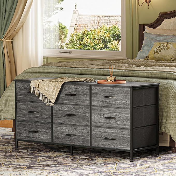 Huuger 9 Drawer Dresser for Bedroom, 47 Inch Dresser TV Stand for 50, 55 Inch TV, Entertainment Center with Drawers, Fabric Drawer with Storage, Closet, Grey