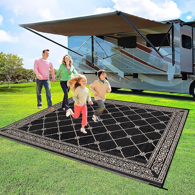 Outdoor Rug 8'x10' for Patios Waterproof Patio Rugs Outdoor Mats for Front Porch,Beach Mat,Reversible Plastic Straw Camping Rugs for Outside RV,Deck,Balcony,Backyard,Black&Beige