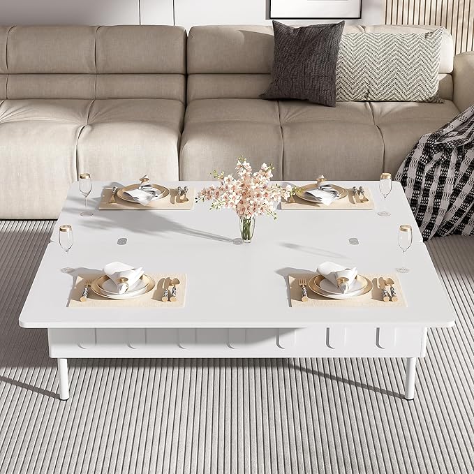 WILLIAMSPACE 43.3" Rectangular Lift-Top Coffee Table with 2 Drawers, Modern Center Table with Foldable Top, Multi-Functional Adjustable Dining Table with Storage Compartment for Living Room, White