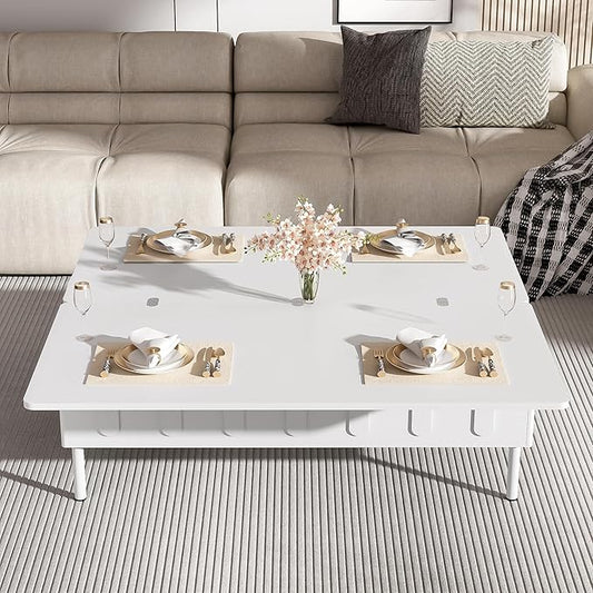 WILLIAMSPACE 43.3" Rectangular Lift-Top Coffee Table with 2 Drawers, Modern Center Table with Foldable Top, Multi-Functional Adjustable Dining Table with Storage Compartment for Living Room, White