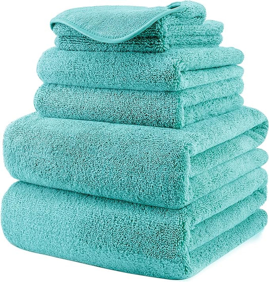 POLYTE Oversize, 60 x 30 in., Quick Dry Lint Free Microfiber Bath Towel Set, 6 Piece (Aqua)
