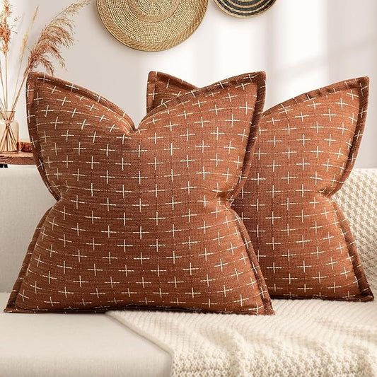 ZWJD Fall Throw Pillow Covers 26x26 Set of 2 Soft Polyester Textured Rust Pillow Covers with Stylish Flange Edge Cozy Farmhouse Throw Pillows for Couch Bed Sofa Living Room Fall Decor